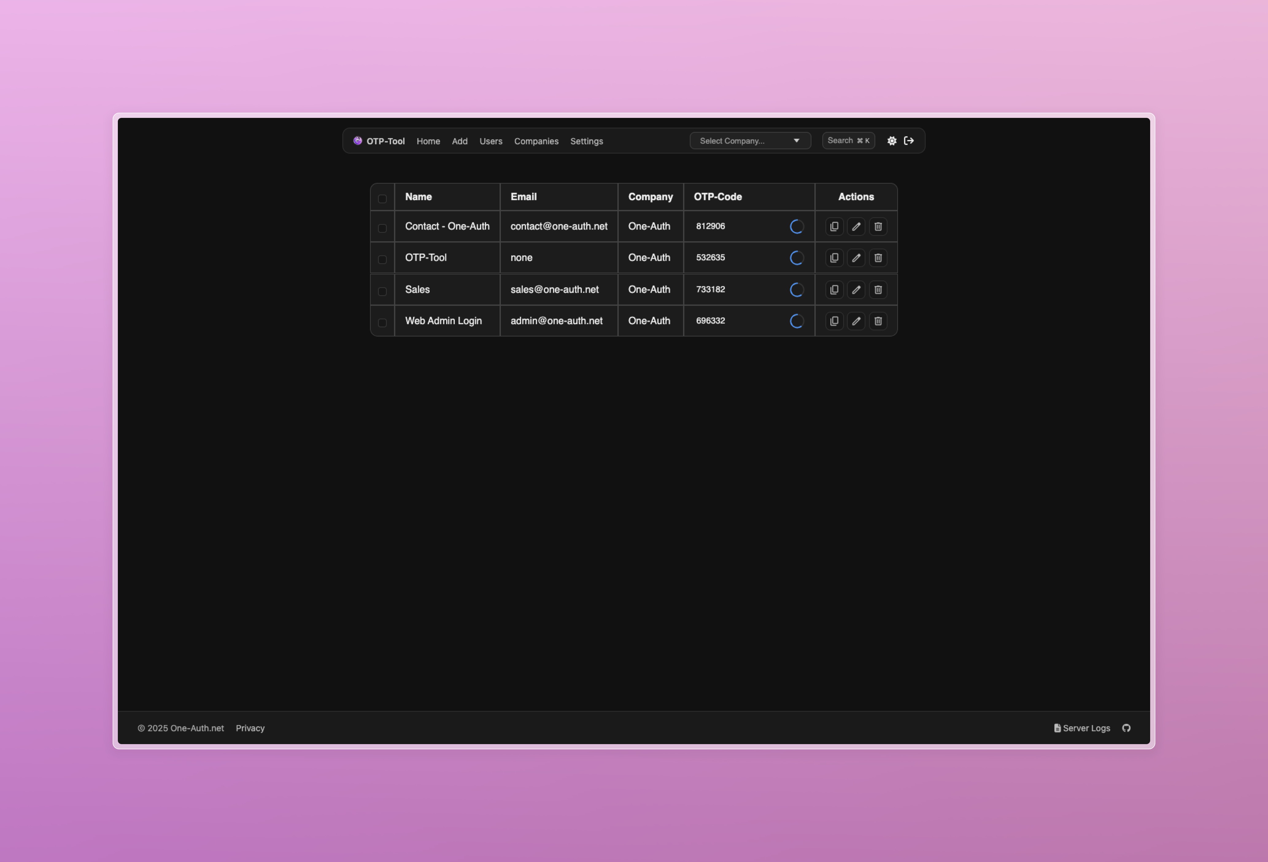 OTP-Tool Search Results in Dark Mode