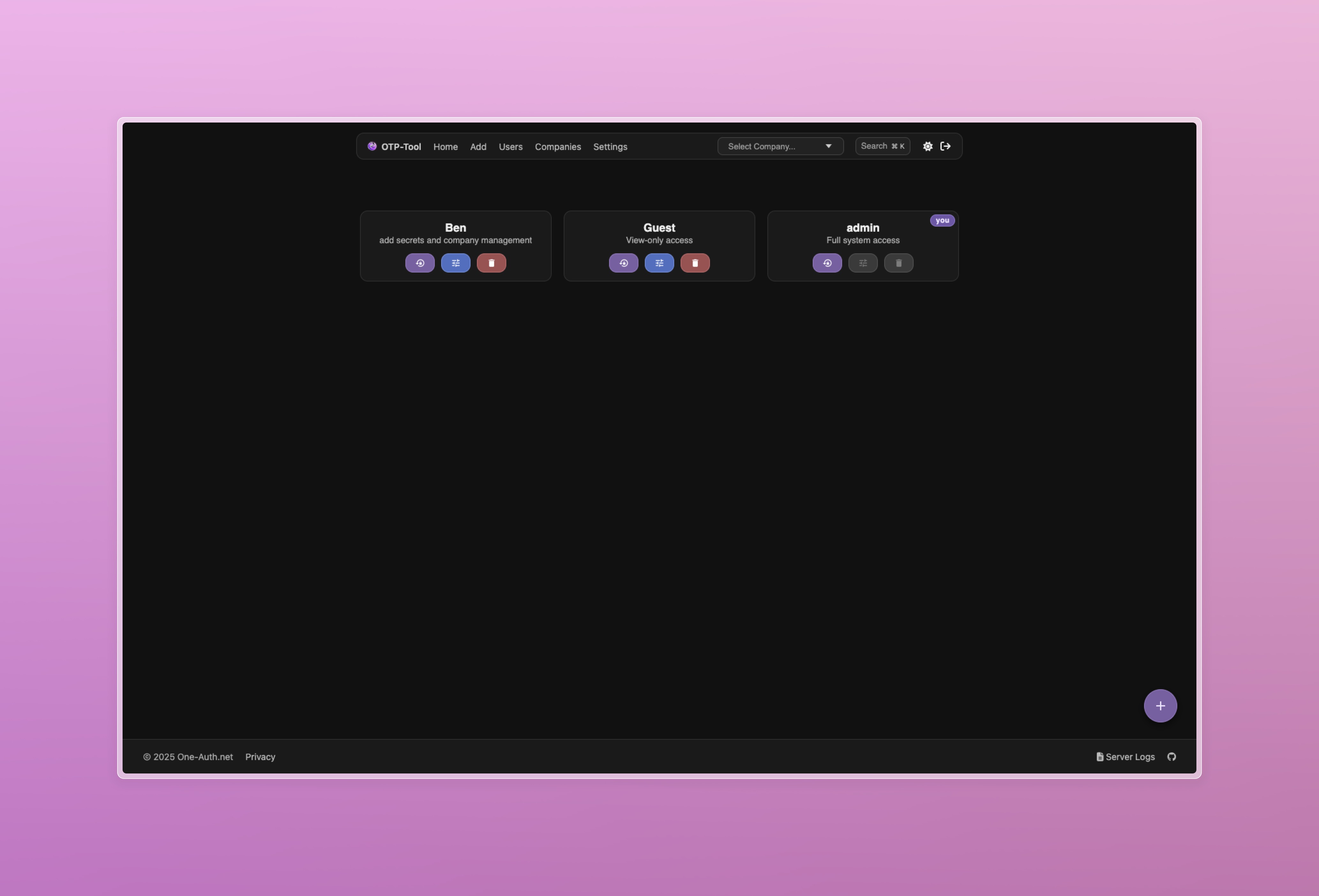OTP-Tool User Page in Dark Mode